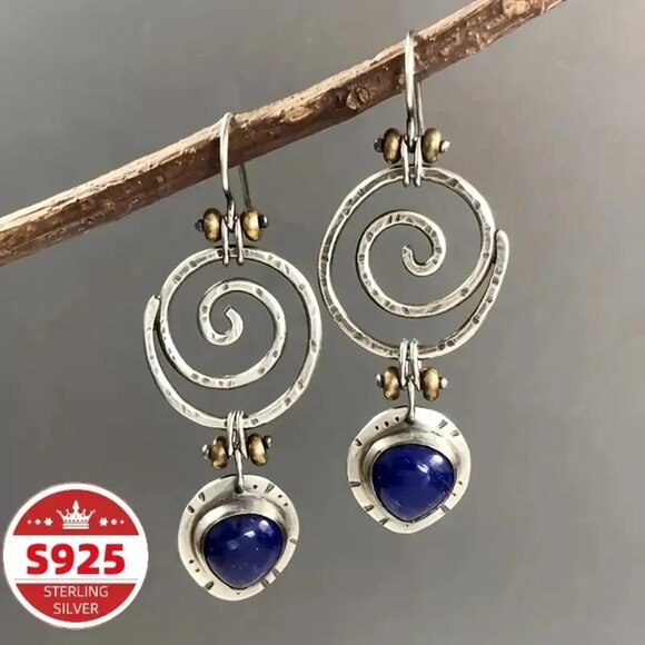 Retro Synthetic Lapis Lazuli Earrings – Hollow Spiral Hammer Hanging Design NWOT - Picture 2 of 6